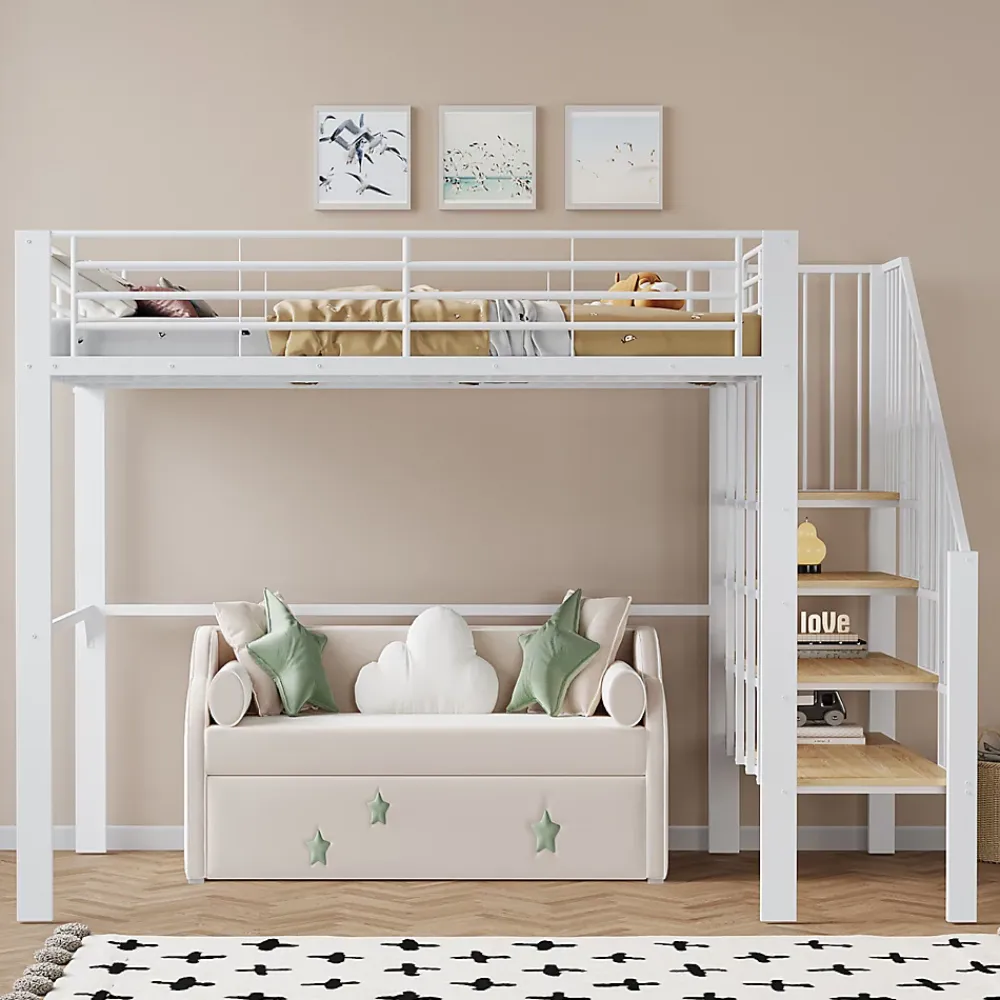 Okwish Lit mezzanine 140x200 cm - Lit double avec rangement et escalier, structure métallique robuste - Blanc - Sans matelas* Lit Mezzanine