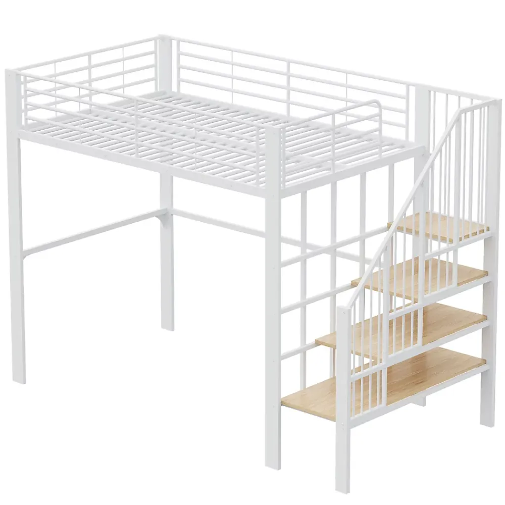 Okwish Lit mezzanine 140x200 cm - Lit double avec rangement et escalier, structure métallique robuste - Blanc - Sans matelas* Lit Mezzanine