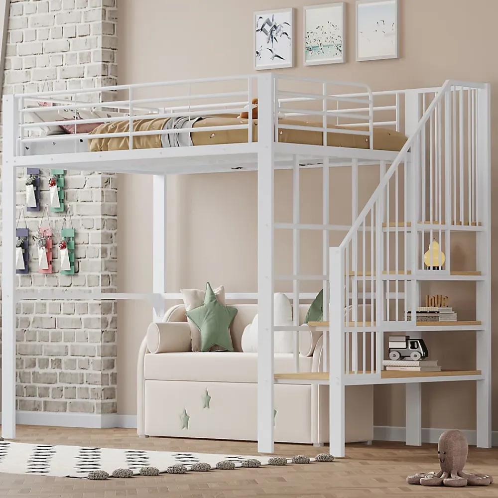 Okwish Lit mezzanine 140x200 cm - Lit double avec rangement et escalier, structure métallique robuste - Blanc - Sans matelas* Lit Mezzanine