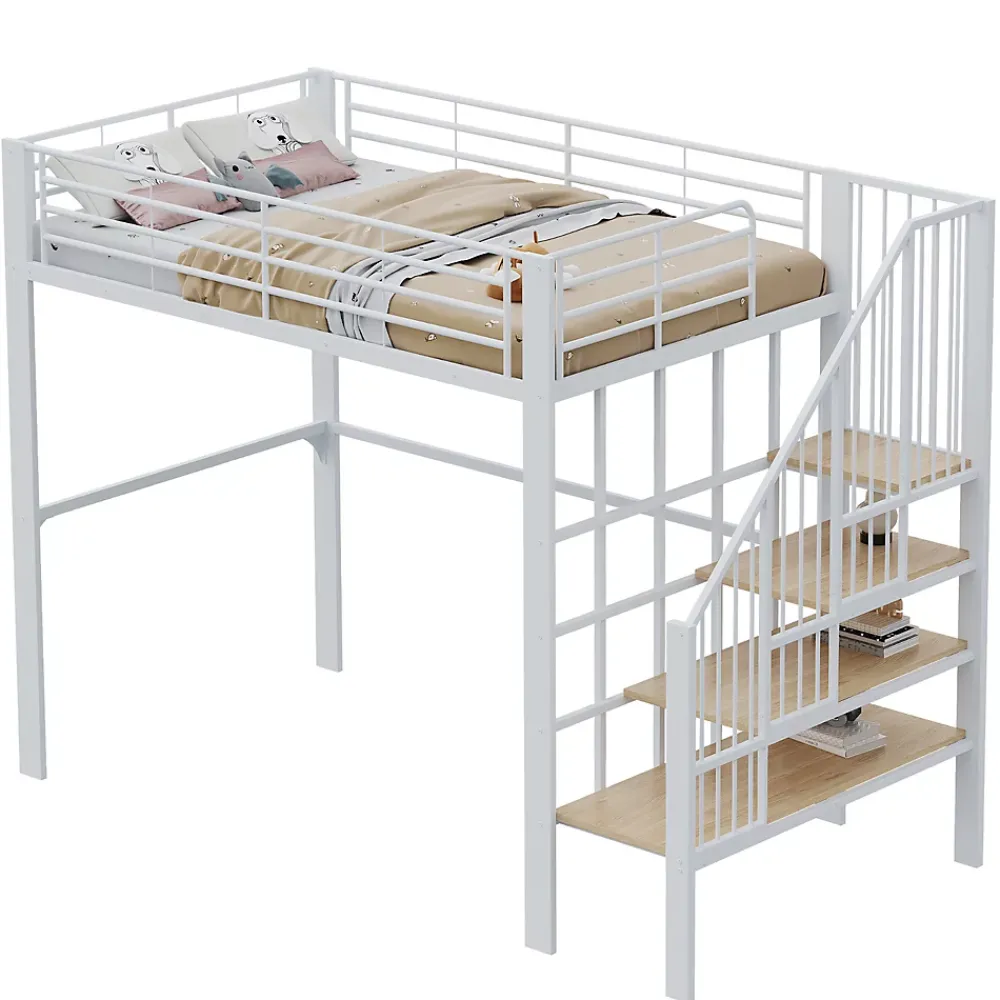 Okwish Lit mezzanine 140x200 cm - Lit double avec rangement et escalier, structure métallique robuste - Blanc - Sans matelas* Lit Mezzanine