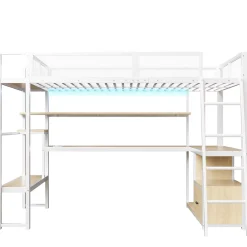 Okwish Lit Mezzanine 140x200 cm - Lit Double avec LED Intégrée et Bureau, Garde-Corps Sécurisé, sans Matelas - Métal Blanc* Lit Mezzanine