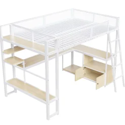 Okwish Lit Mezzanine 140x200 cm - Lit Double avec LED Intégrée et Bureau, Garde-Corps Sécurisé, sans Matelas - Métal Blanc* Lit Mezzanine