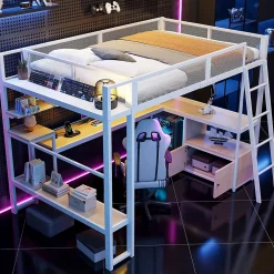 Okwish Lit Mezzanine 140x200 cm - Lit Double avec LED Intégrée et Bureau, Garde-Corps Sécurisé, sans Matelas - Métal Blanc* Lit Mezzanine