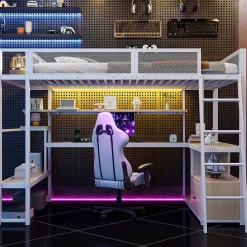 Okwish Lit Mezzanine 140x200 cm - Lit Double avec LED Intégrée et Bureau, Garde-Corps Sécurisé, sans Matelas - Métal Blanc* Lit Mezzanine
