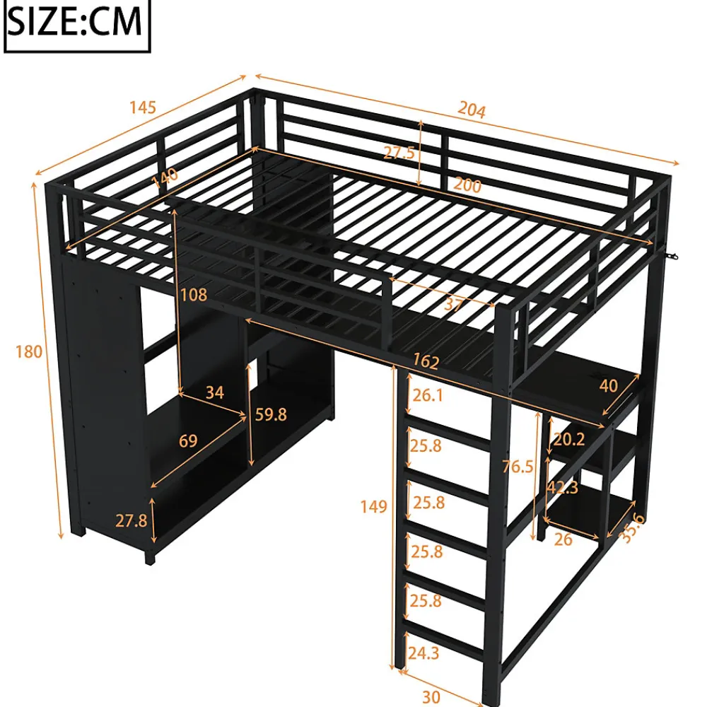 Lit mezzanine 140x200 cm - Lit double avec rangement - Métal - Montage requis - Noir>Okwish Online