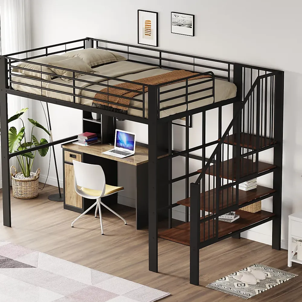 Okwish Lit mezzanine 140x200 cm - Lit double avec rangement et escalier, structure métallique robuste - Noir - Sans matelas* Lit Mezzanine