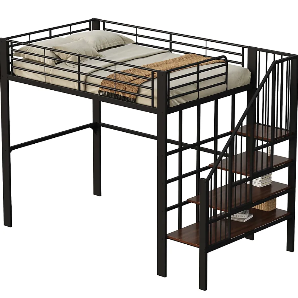 Okwish Lit mezzanine 140x200 cm - Lit double avec rangement et escalier, structure métallique robuste - Noir - Sans matelas* Lit Mezzanine