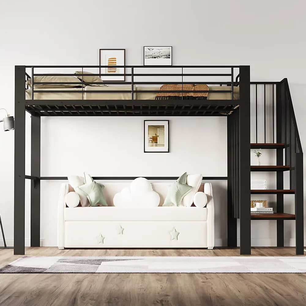 Okwish Lit mezzanine 140x200 cm - Lit double avec rangement et escalier, structure métallique robuste - Noir - Sans matelas* Lit Mezzanine