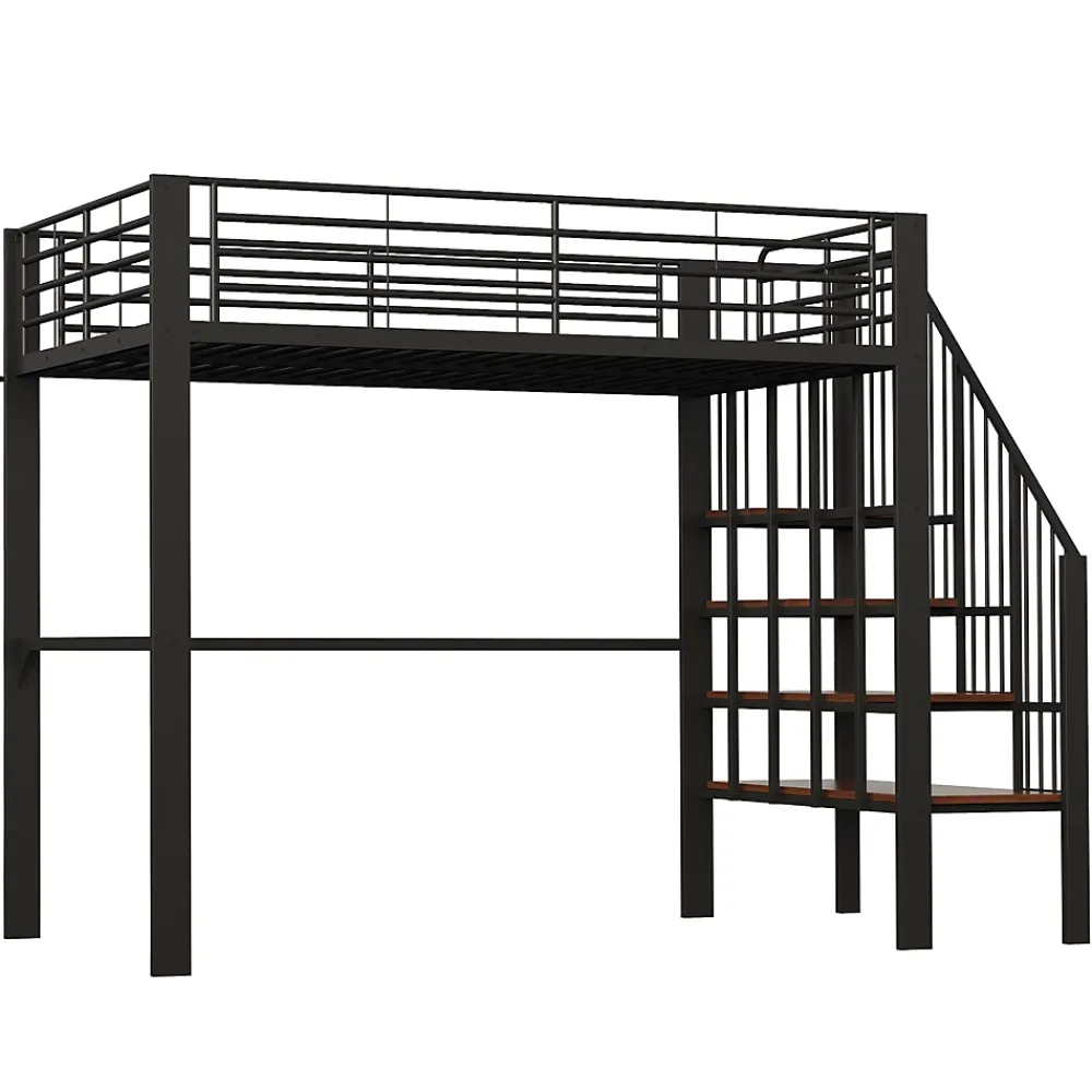 Okwish Lit mezzanine 140x200 cm - Lit double avec rangement et escalier, structure métallique robuste - Noir - Sans matelas* Lit Mezzanine