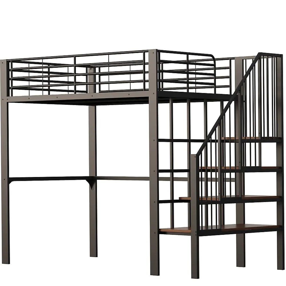 Okwish Lit mezzanine 140x200 cm - Lit double avec rangement et escalier, structure métallique robuste - Noir - Sans matelas* Lit Mezzanine