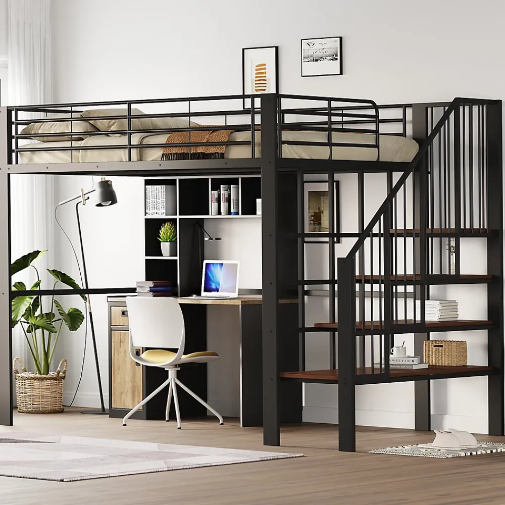 Okwish Lit mezzanine 140x200 cm - Lit double avec rangement et escalier, structure métallique robuste - Noir - Sans matelas* Lit Mezzanine