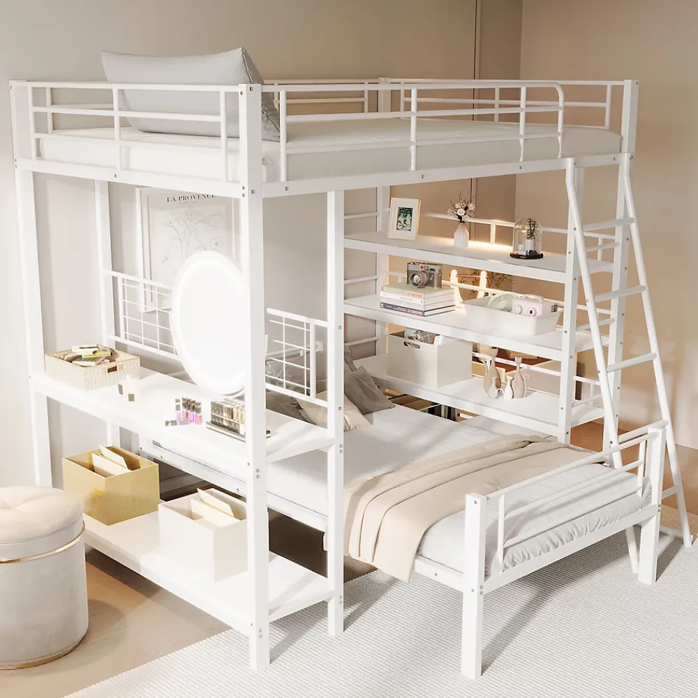 Okwish Lit mezzanine 140x200 cm - Lit double avec rangement multifonction, structure métal et MDF avec étagères - Sans matelas - Blanc* Lit Mezzanine