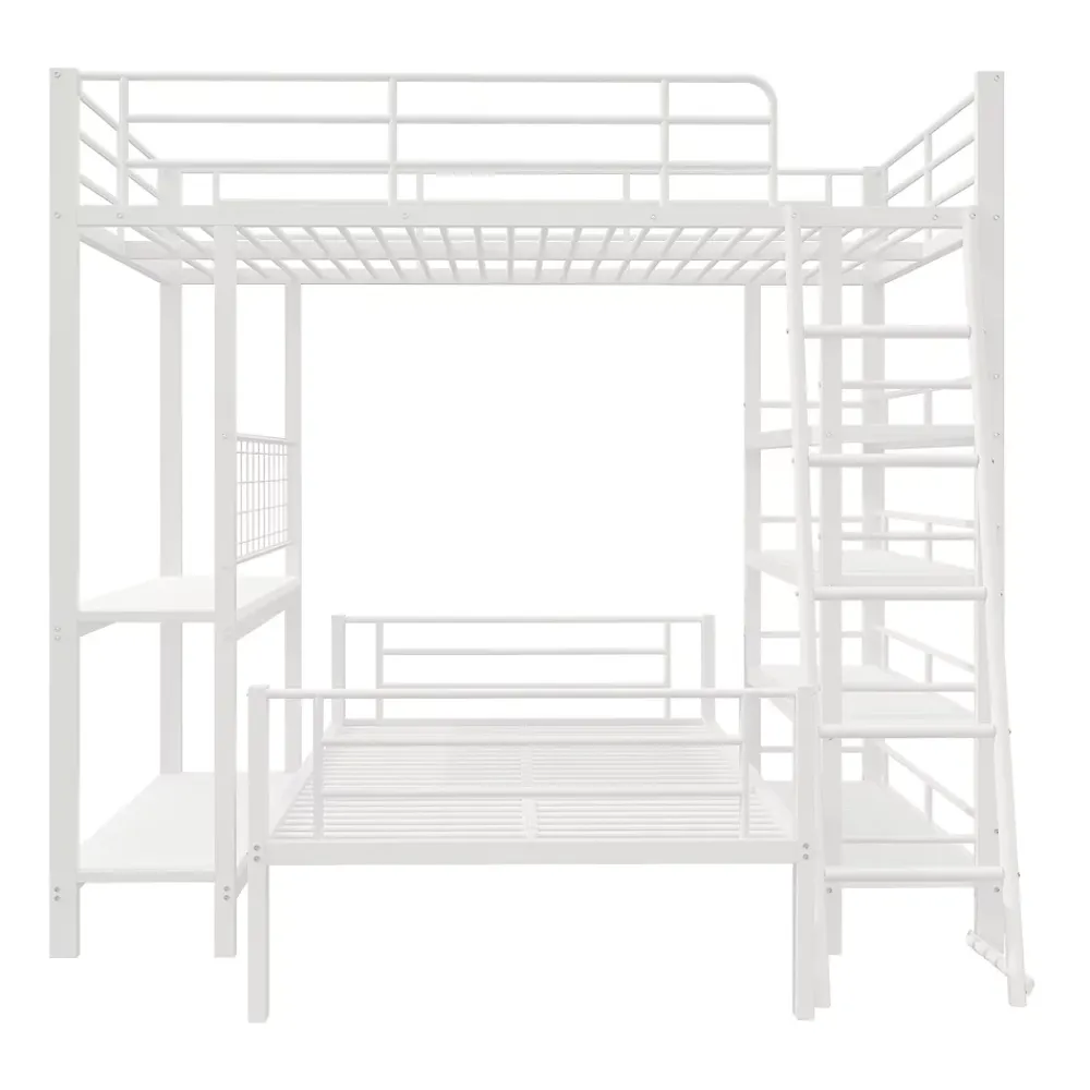 Okwish Lit mezzanine 140x200 cm - Lit double avec rangement multifonction, structure métal et MDF avec étagères - Sans matelas - Blanc* Lit Mezzanine