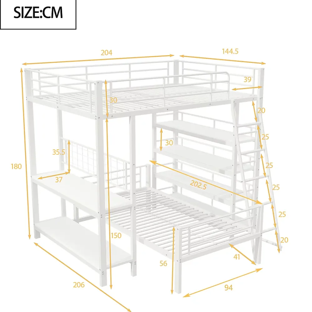 Okwish Lit mezzanine 140x200 cm - Lit double avec rangement multifonction, structure métal et MDF avec étagères - Sans matelas - Blanc* Lit Mezzanine