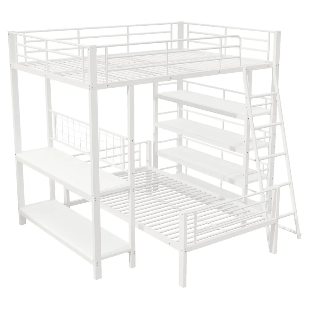 Okwish Lit mezzanine 140x200 cm - Lit double avec rangement multifonction, structure métal et MDF avec étagères - Sans matelas - Blanc* Lit Mezzanine