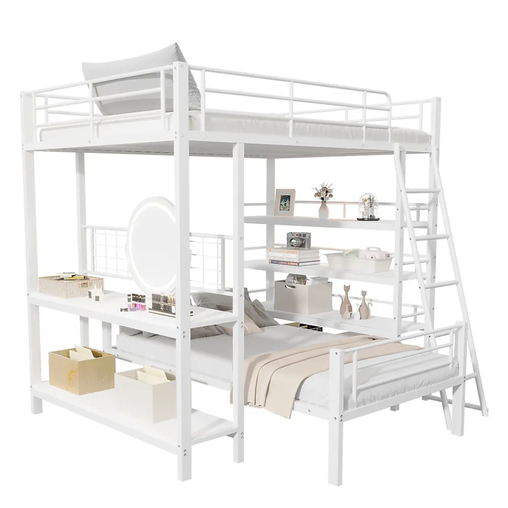 Okwish Lit mezzanine 140x200 cm - Lit double avec rangement multifonction, structure métal et MDF avec étagères - Sans matelas - Blanc* Lit Mezzanine