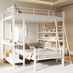 Okwish Lit mezzanine 140x200 cm - Lit double avec rangement multifonction, structure métal et MDF avec étagères - Sans matelas - Blanc* Lit Mezzanine