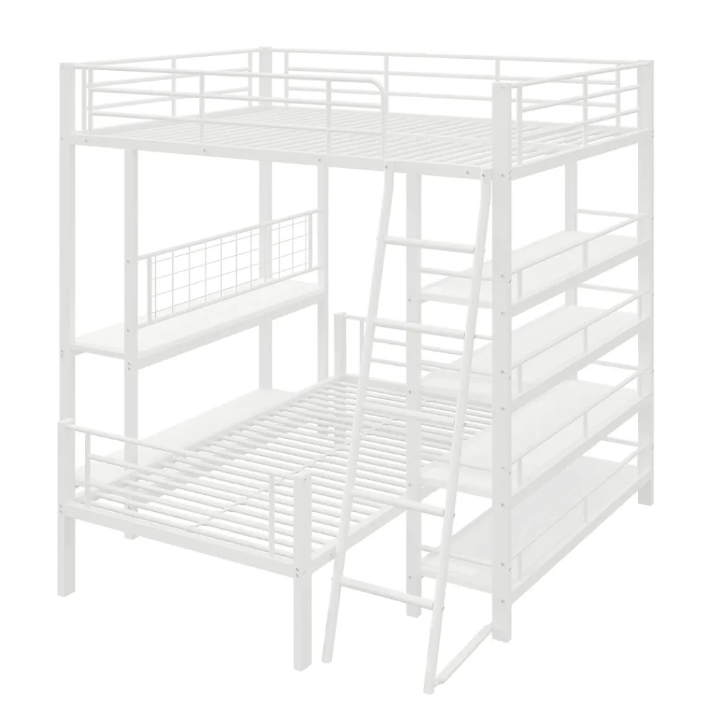 Okwish Lit mezzanine 140x200 cm - Lit double avec rangement multifonction, structure métal et MDF avec étagères - Sans matelas - Blanc* Lit Mezzanine