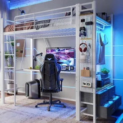 Lit Mezzanine 90x200 cm - Lit Déco avec Rangement - Métal et MDF - Sans Matelas - Blanc>Okwish Hot