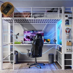 Lit Mezzanine 90x200 cm - Lit Déco avec Rangement - Métal et MDF - Sans Matelas - Blanc><noscript><img width=