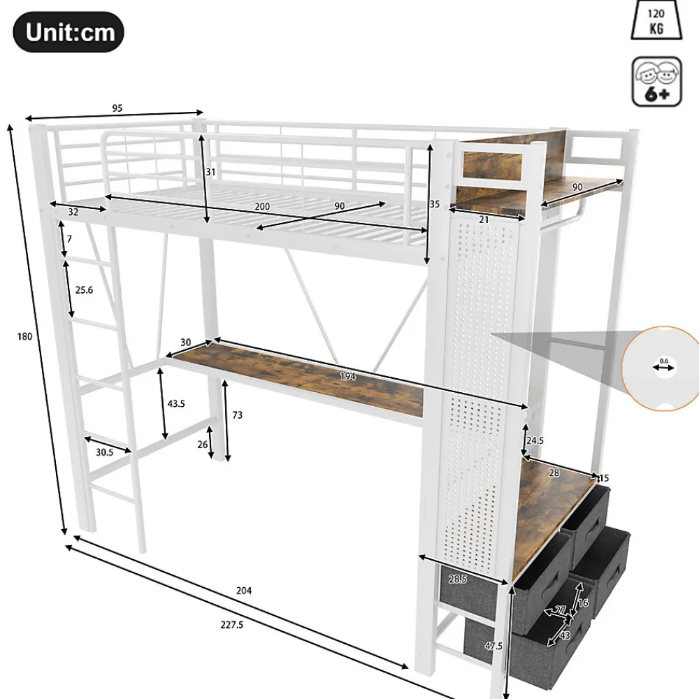 Lit Mezzanine 90x200 cm - Lit Déco avec Rangement - Métal et MDF - Sans Matelas - Blanc>Okwish Hot