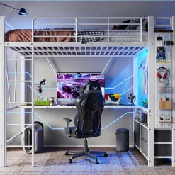 Lit Mezzanine 90x200 cm - Lit Déco avec Rangement - Métal et MDF - Sans Matelas - Blanc><noscript><img width=