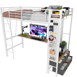 Lit Mezzanine 90x200 cm - Lit Déco avec Rangement - Métal et MDF - Sans Matelas - Blanc><noscript><img width=