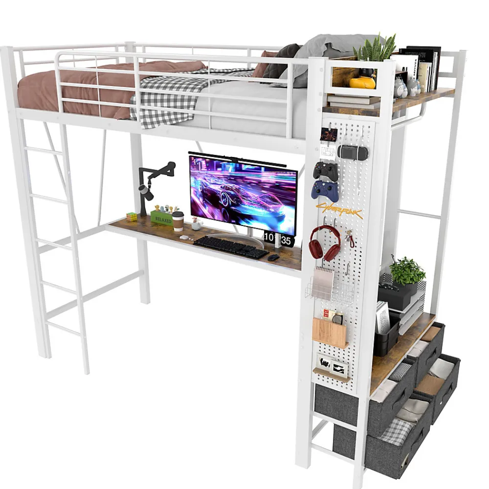 Lit Mezzanine 90x200 cm - Lit Déco avec Rangement - Métal et MDF - Sans Matelas - Blanc>Okwish Hot