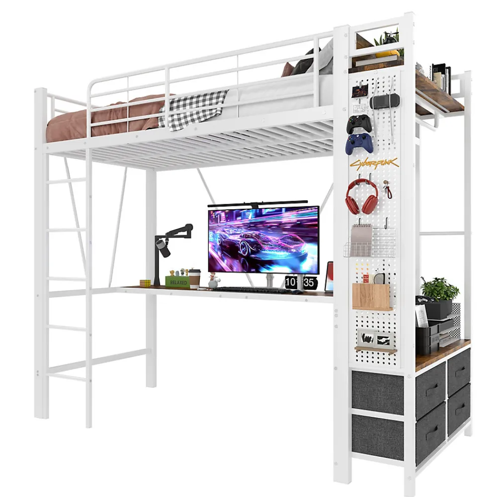 Lit Mezzanine 90x200 cm - Lit Déco avec Rangement - Métal et MDF - Sans Matelas - Blanc>Okwish Hot
