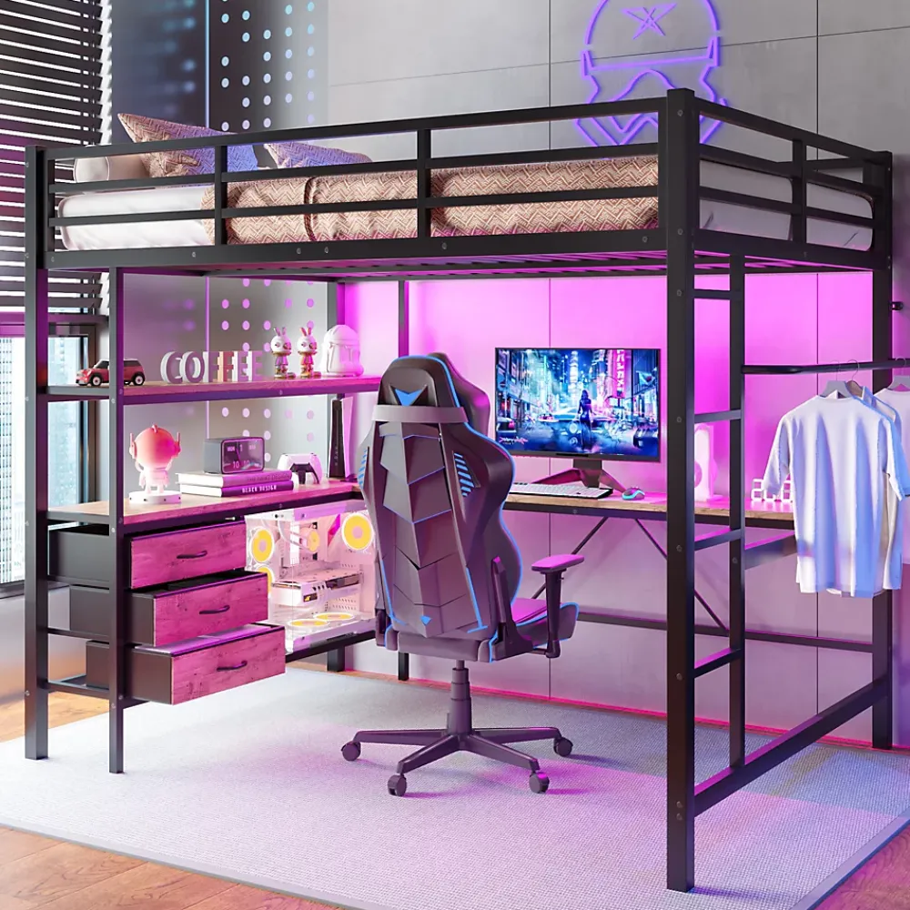 Okwish Lit Mezzanine 140x200 cm - Lit Double avec Éclairage LED, Bureau et Prises USB, en Métal et MDF, sans Matelas, Noir* Lit Mezzanine