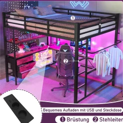 Okwish Lit Mezzanine 140x200 cm - Lit Double avec Éclairage LED, Bureau et Prises USB, en Métal et MDF, sans Matelas, Noir* Lit Mezzanine