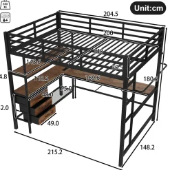 Okwish Lit Mezzanine 140x200 cm - Lit Double avec Éclairage LED, Bureau et Prises USB, en Métal et MDF, sans Matelas, Noir* Lit Mezzanine