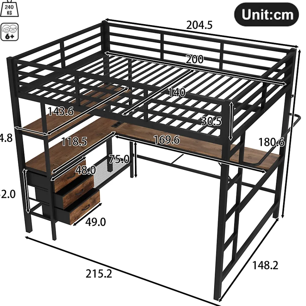 Okwish Lit Mezzanine 140x200 cm - Lit Double avec Éclairage LED, Bureau et Prises USB, en Métal et MDF, sans Matelas, Noir* Lit Mezzanine