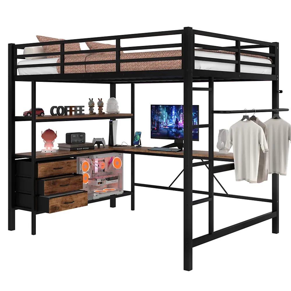 Okwish Lit Mezzanine 140x200 cm - Lit Double avec Éclairage LED, Bureau et Prises USB, en Métal et MDF, sans Matelas, Noir* Lit Mezzanine