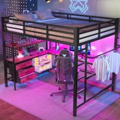 Okwish Lit Mezzanine 140x200 cm - Lit Double avec Éclairage LED, Bureau et Prises USB, en Métal et MDF, sans Matelas, Noir* Lit Mezzanine