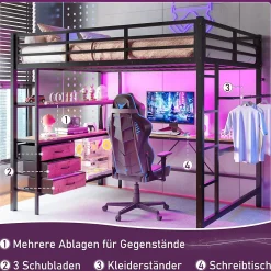 Okwish Lit Mezzanine 140x200 cm - Lit Double avec Éclairage LED, Bureau et Prises USB, en Métal et MDF, sans Matelas, Noir* Lit Mezzanine