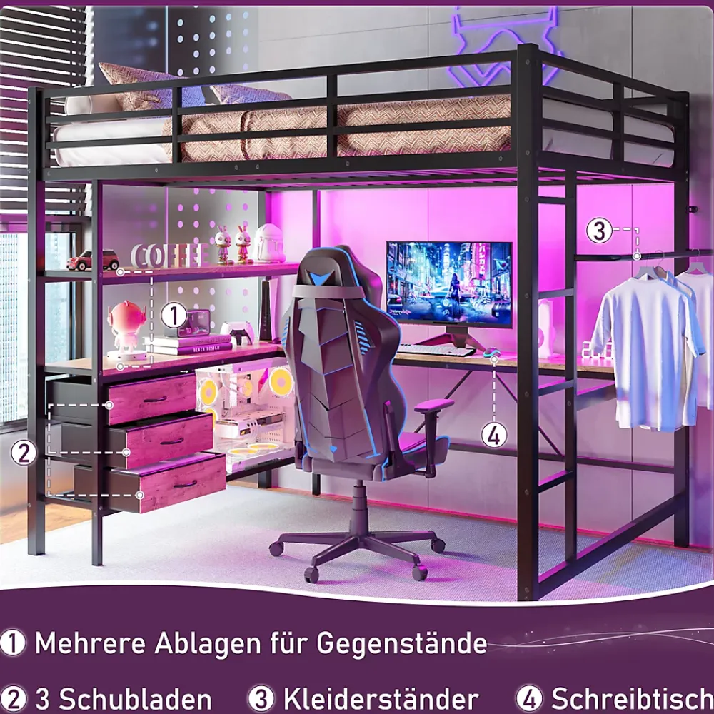 Okwish Lit Mezzanine 140x200 cm - Lit Double avec Éclairage LED, Bureau et Prises USB, en Métal et MDF, sans Matelas, Noir* Lit Mezzanine