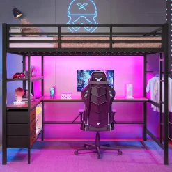 Okwish Lit Mezzanine 140x200 cm - Lit Double avec Éclairage LED, Bureau et Prises USB, en Métal et MDF, sans Matelas, Noir* Lit Mezzanine
