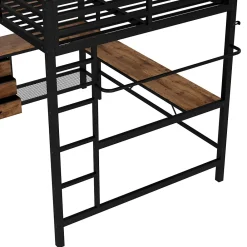 Okwish Lit Mezzanine 140x200 cm - Lit Double avec Éclairage LED, Bureau et Prises USB, en Métal et MDF, sans Matelas, Noir* Lit Mezzanine