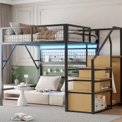 Lit mezzanine 140x200 cm - Lit double déco avec éclairage LED et rangement sous lit - Armoire ouverte en MDF et métal - Noir>Okwish Discount