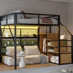 Lit mezzanine 140x200 cm - Lit double déco avec éclairage LED et rangement sous lit - Armoire ouverte en MDF et métal - Noir><noscript><img width=