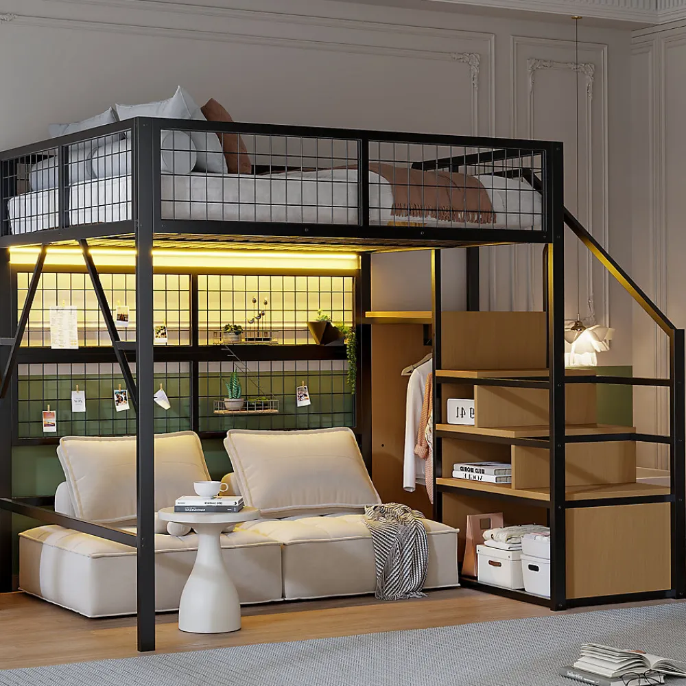 Lit mezzanine 140x200 cm - Lit double déco avec éclairage LED et rangement sous lit - Armoire ouverte en MDF et métal - Noir>Okwish Discount