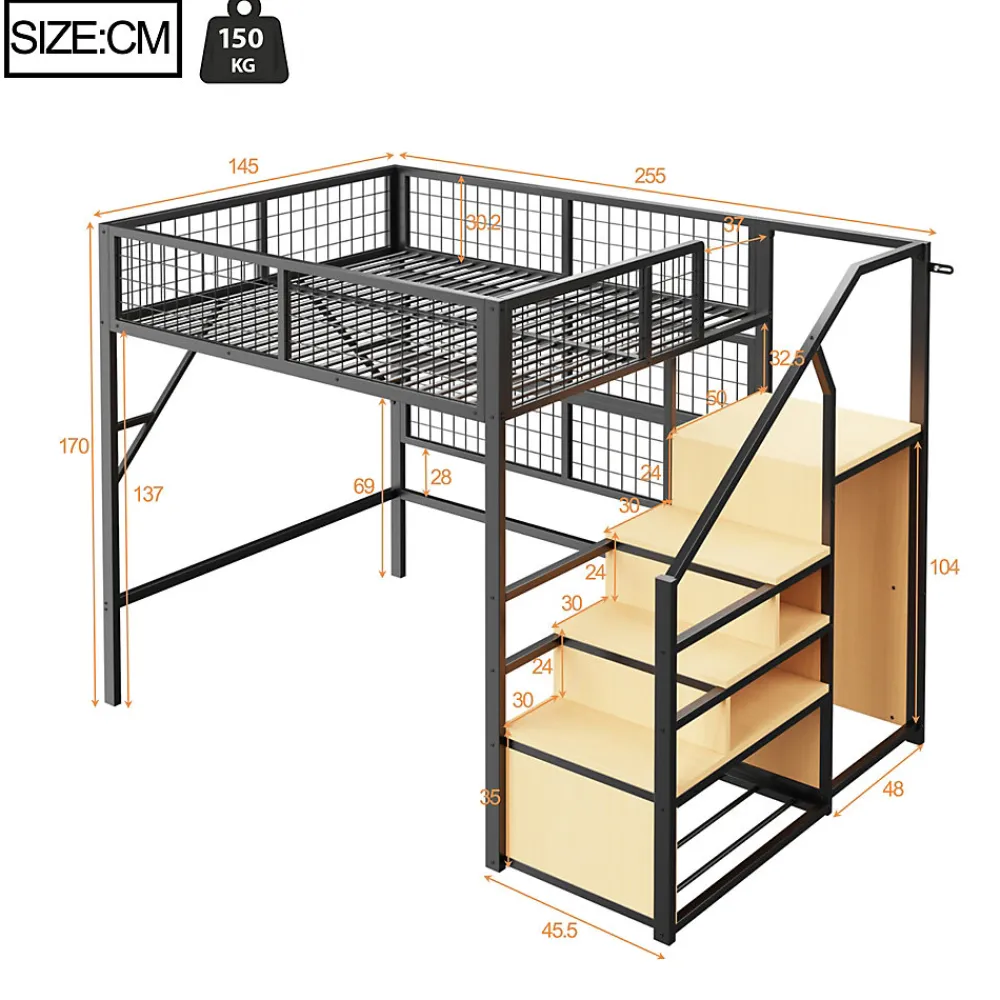 Lit mezzanine 140x200 cm - Lit double déco avec éclairage LED et rangement sous lit - Armoire ouverte en MDF et métal - Noir>Okwish Discount