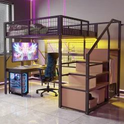 Lit mezzanine 140x200 cm - Lit double déco avec éclairage LED et rangement sous lit - Armoire ouverte en MDF et métal - Noir><noscript><img width=