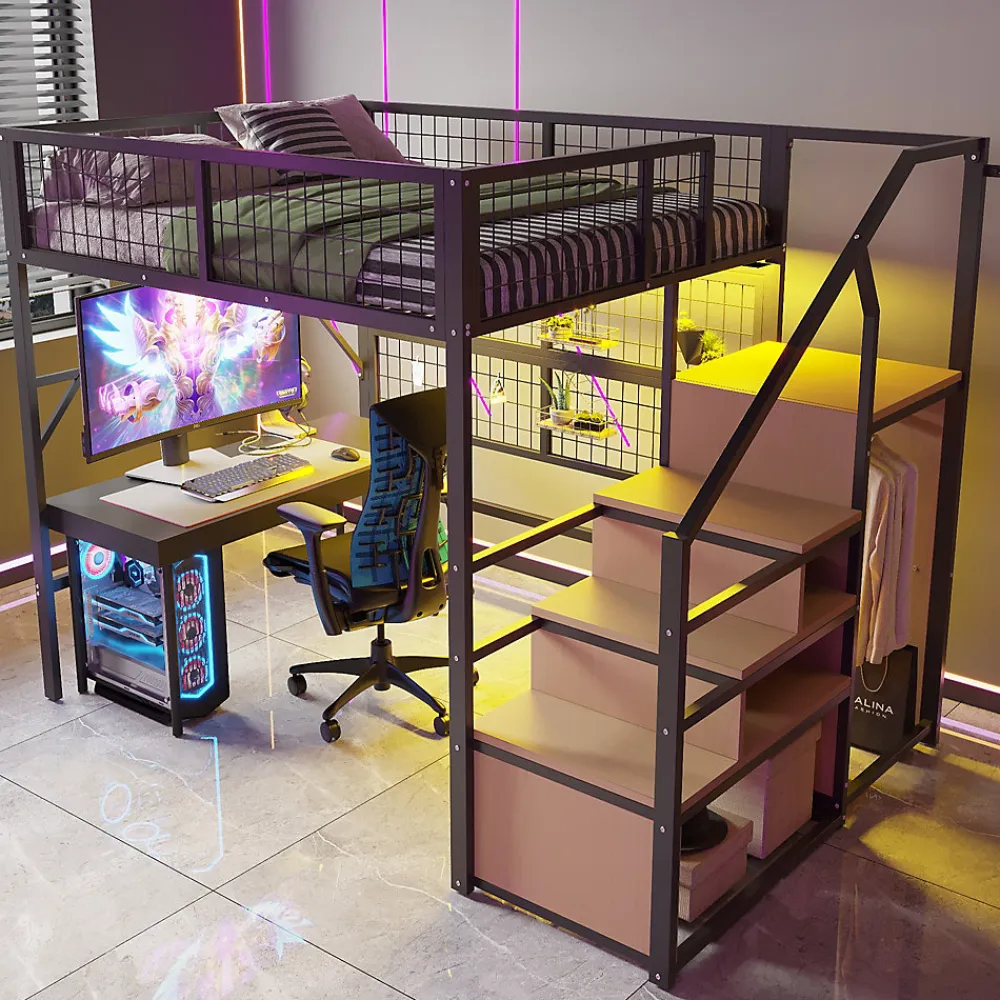 Lit mezzanine 140x200 cm - Lit double déco avec éclairage LED et rangement sous lit - Armoire ouverte en MDF et métal - Noir>Okwish Discount