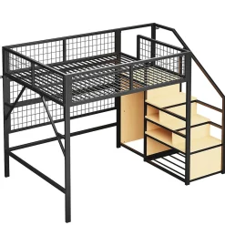 Lit mezzanine 140x200 cm - Lit double déco avec éclairage LED et rangement sous lit - Armoire ouverte en MDF et métal - Noir><noscript><img width=