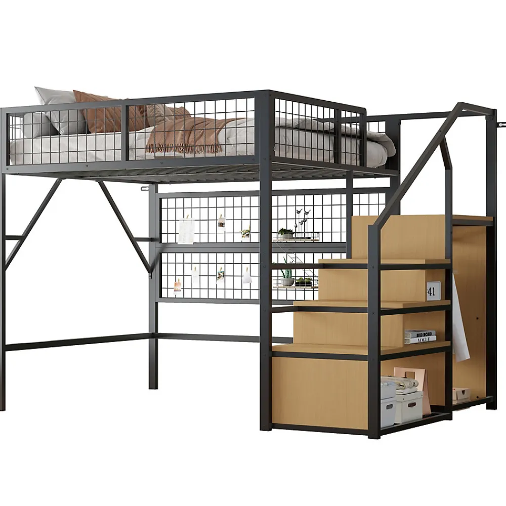 Lit mezzanine 140x200 cm - Lit double déco avec éclairage LED et rangement sous lit - Armoire ouverte en MDF et métal - Noir>Okwish Discount