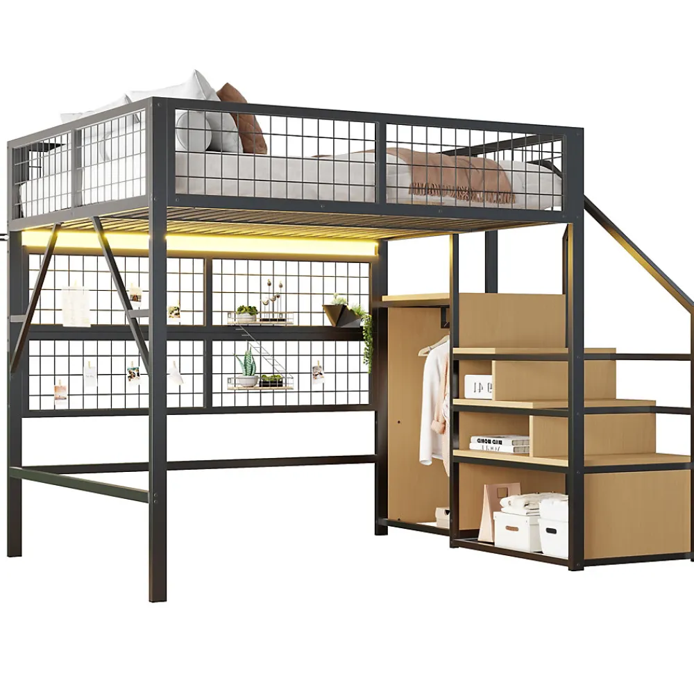 Lit mezzanine 140x200 cm - Lit double déco avec éclairage LED et rangement sous lit - Armoire ouverte en MDF et métal - Noir>Okwish Discount