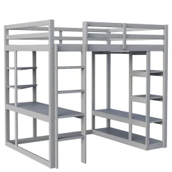 Okwish Lit mezzanine 140x200 cm - Lit double avec bureau intégré, rangements pratiques et échelle - Bois de pin et MDF - Gris* Lit Mezzanine