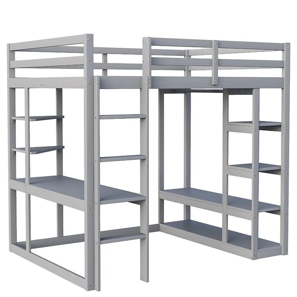 Okwish Lit mezzanine 140x200 cm - Lit double avec bureau intégré, rangements pratiques et échelle - Bois de pin et MDF - Gris* Lit Mezzanine